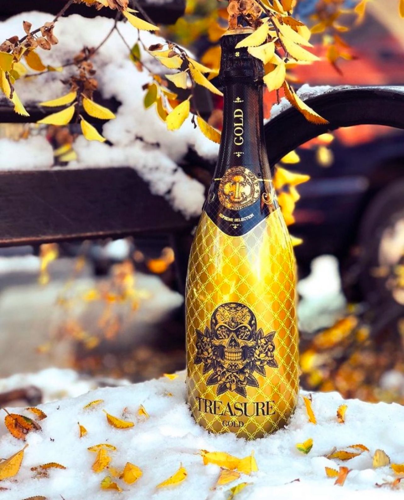Treasure Gold cava bottle in golden autumn leaves and snow