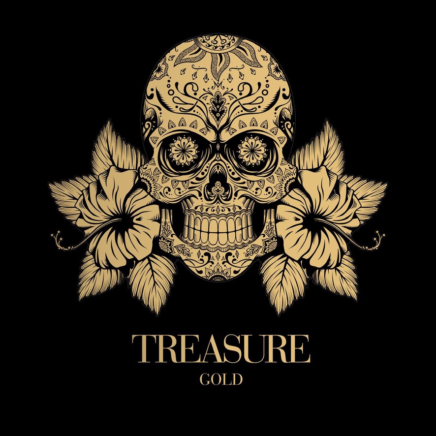 Treasure Gold logo — gouden calavera met rozen